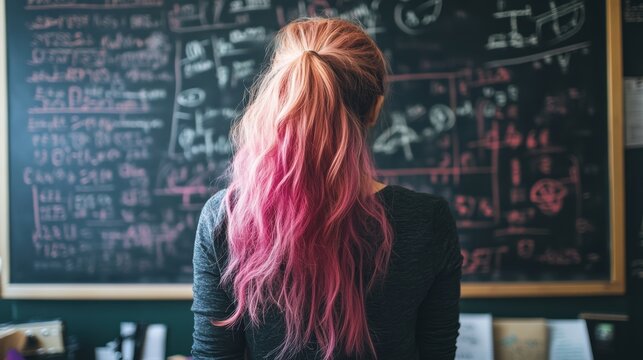 Young woman with pink hair stands in front of a chalkboard filled with complex equations in a classroom setting