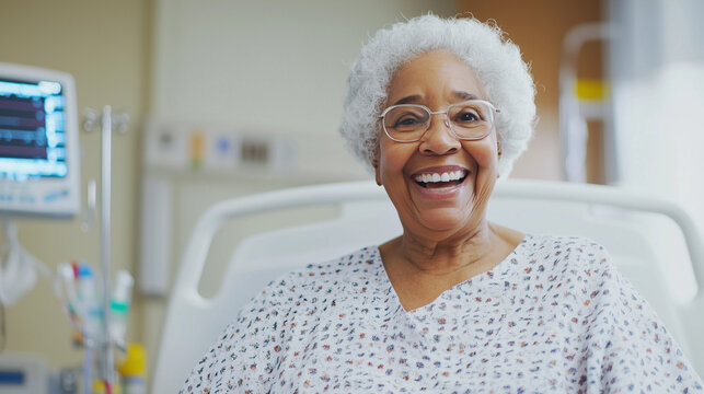 Radiant Recovery: An elderly African-American woman beams radiantly from her hospital bed, exuding strength, resilience, and hope.