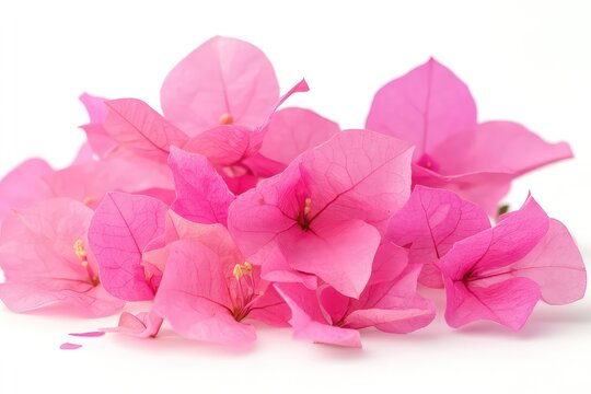 A bright and cheerful composition of pink bougainvillea flowers with scattered petals on a clean white backdrop.