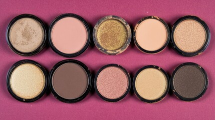 A flat lay of matte and shimmer eyeshadow pans on a maroon background