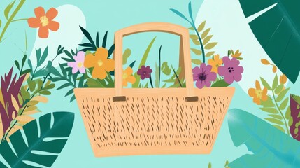 Charming Floral Basket with Tropical Leaves - A Whimsical Garden Scene