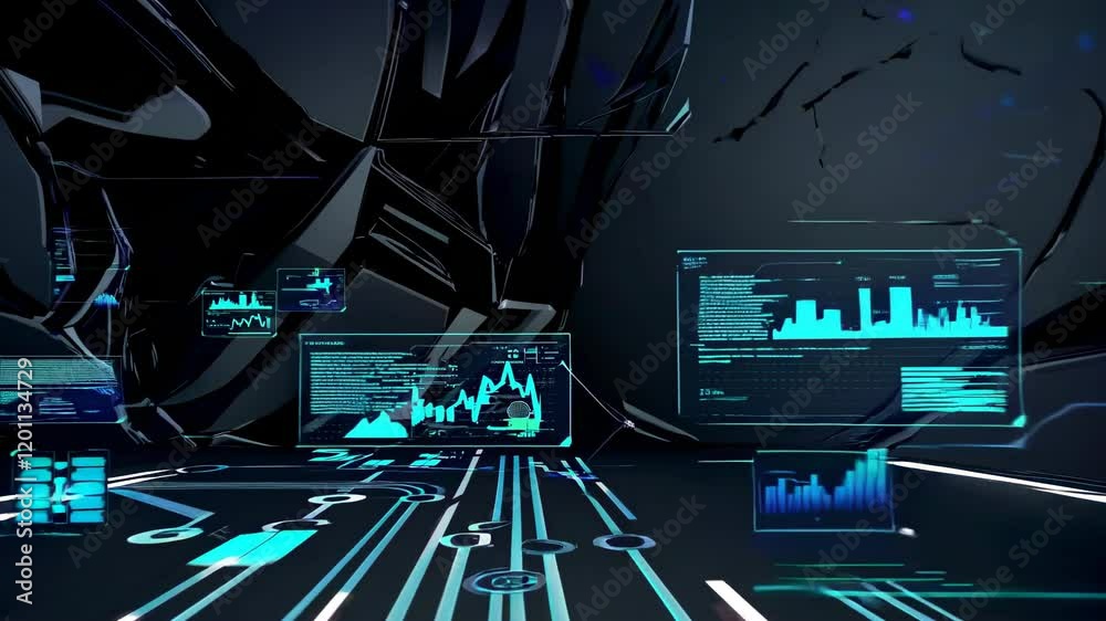 Poster Exploring a futuristic digital environment filled with data visualizations and dynamic graphics
