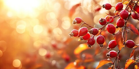 Bright red rosehip fruits clustered on a branch with warm golden autumn sunlight and soft bokeh in the background, featuring vibrant orange leaves.