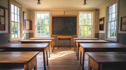 Traditional classroom setting with wooden desks and chalkboard in a sunny environment