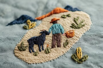 Fototapeta premium Rustic Goat & Caretaker Embroidered Art: Farm Pet Bond