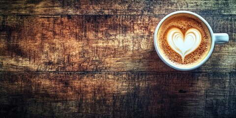 Aerial view of a white coffee cup with heart latte art on a rustic wooden table, warm brown tones, ample space on the left for text insertion