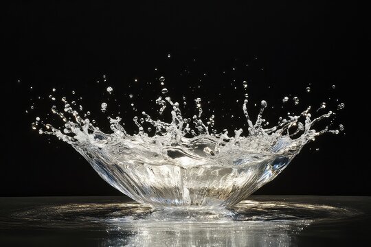 A dynamic freeze-frame of a water splash exploding mid-air, glistening against a solid black background.