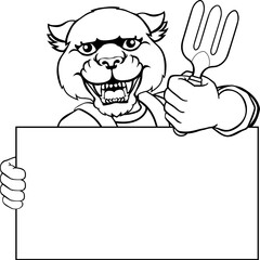 A gardener, farmer or handyman panther cartoon mascot man holding a gardening tool