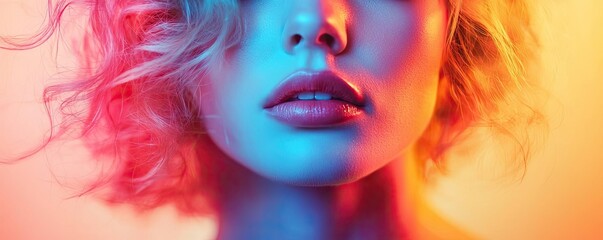 Fototapeta premium Watercolor concept. A vibrant close-up portrait capturing beauty and emotion in colorful lighting.