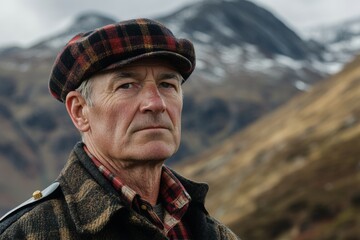 Obraz premium A man clad in a traditional Scottish cap gazes into the distance, set against majestic mountains. The landscape features rugged textures and a dramatic sky, revealing the beauty of nature