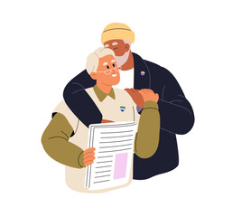 Elderly couple loves each other. Senior lovers in interracial romantic relationships hug. Old man and woman cuddle. Beloveds embrace together. Flat isolated vector illustration on white background