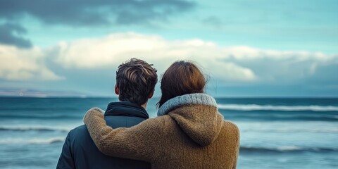 Loving couple in warm winter attire embracing by the beach with a turbulent ocean backdrop under a cloudy sky creating a romantic atmosphere