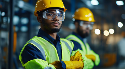 An industrial plant with clear markings for safety zones and emergency exits, workers using protective gloves, helmets, and glasses in line with safety standards.