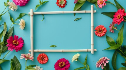 A blank white picture frame with a bamboo border centered encircled by zinnias and jasmine