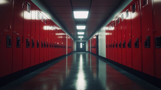 Brightly lit school hallway featuring red lockers and polished floor during midday