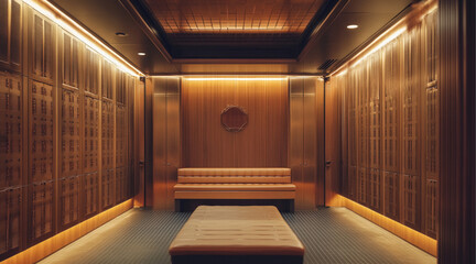 Fototapeta premium gym locker room, walls of lockers, bench or seating are in middle, beautiful lighting