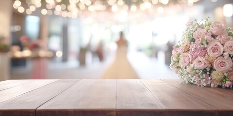 Wood table top and blur glass window wall building banner background with vintage filter - can used for display or montage your products., Generative AI