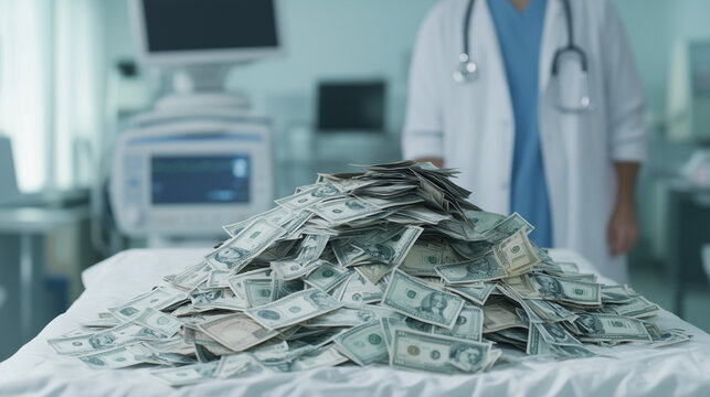 High Cost of Healthcare: A large pile of US dollar bills sits on a hospital bed, with a doctor subtly visible in the background, illustrating the exorbitant expenses associated with medical treatment.