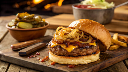 A high-resolution image of a juicy, smashed burger patty with crispy edges, topped with melted cheese, caramelized onions, and pickles, served on a toasted bun