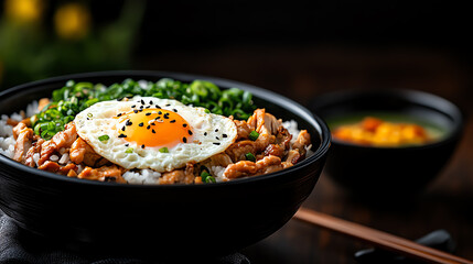 Fototapeta premium Japanese Oyakodon chicken and egg rice bowl, served with miso soup in a minimalist dining room, [Asian home-cooked meals, comforting simplicity]