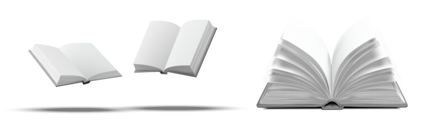 Vector illustration three open books with blank pages, floating on a white background. Perfect for educational design, publishing layouts, or branding projects. These floating pages spark creativity