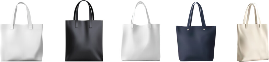 Stylish 3D vector illustration of five minimal tote bags in black, white, navy, and beige. Perfect for branding, product mockups, eco-friendly fashion, or promotional materials.