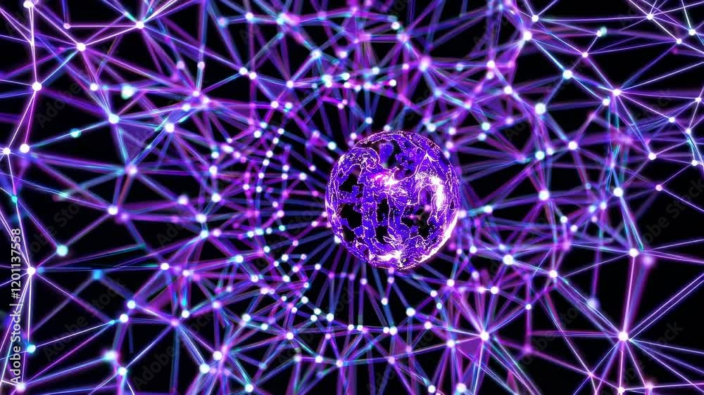 Poster visual exploration of a dynamic network representation with abstract globe effects and vibrant color