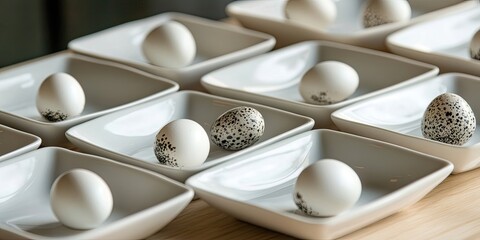 Quail eggs in varying colors placed on white square porcelain dishes arranged in a neat grid on a light wooden surface, creating an elegant display