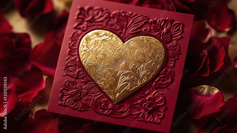 Fototapete A red card with a golden heart graphic embossed in the center, framed by intricate lace-like patterns. The card is set against a backdrop of rose petals, creating a romantic atmosphere.