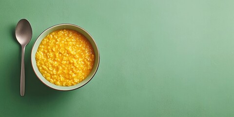 Bowl of orange pumpkin porridge beside a silver spoon on a soft green backdrop ample copy space for vegan baby food advertisement