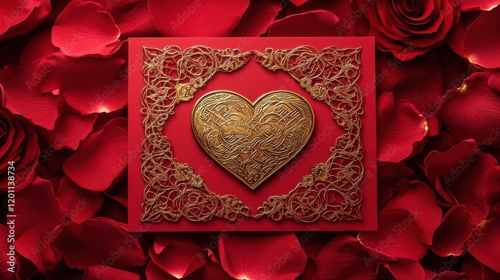 Fototapete a red card with a golden heart graphic embossed in the center, framed by intricate lace-like pattern