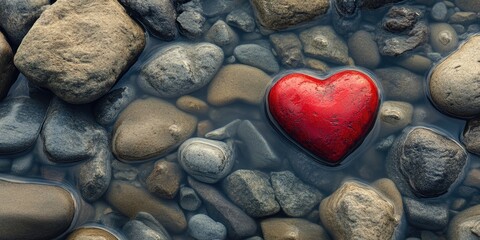 Obraz premium Red heart stone centrally placed amidst smooth gray pebbles in shallow water view from above with clear area for text at top and bottom.