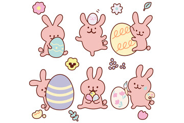 手描き風うさぎとイースターエッグのイラストセット＿線画有