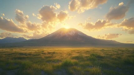 A serene morning view of a mountain with scattered clouds glowing in the vibrant hues of sunrise