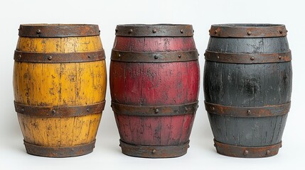 Fototapeta premium Studio shot three painted wooden barrels