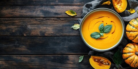 Pumpkin cream soup in a gray bowl on dark wooden table with orange pumpkins and green leaves creating rustic autumnal composition