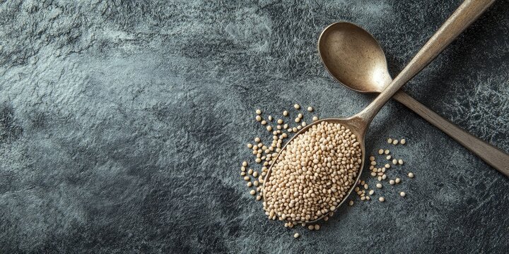 Close-up of raw fonio seeds in a silver spoon on a textured grey background with scattered seeds and ample copy space on the left side.
