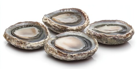 Raw abalone shells arranged on a white reflective surface showcasing their glossy interiors in shades of brown and gray with natural textures.