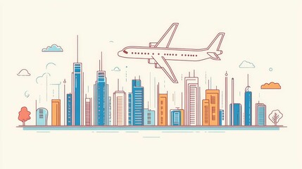 Fototapeta premium A stylized plane flies over a colorful city.