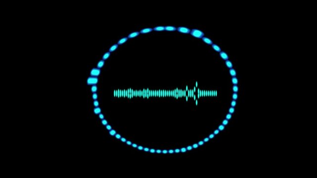 Circular audio spectrum with outer neon blue bars pulsing upward and inner dotted waveform on transparent background
