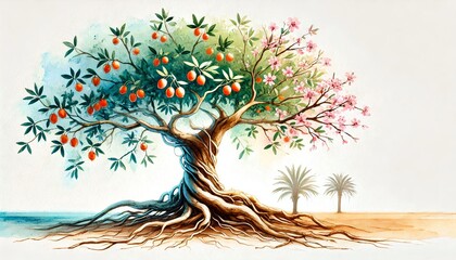 Tu Bishvat tree, copy space on a side, minimalist watercolor art style