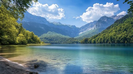 Fototapeta premium Lush green forest surrounds serene mountain lake under a bright blue sky with fluffy clouds