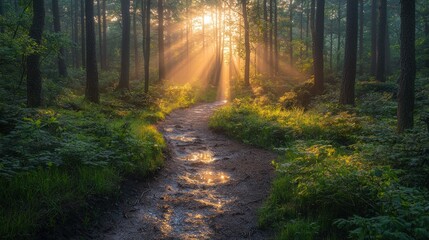 Obraz premium Sunbeams illuminate forest path, morning mist, nature