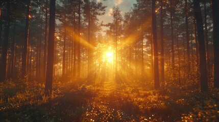 Obraz premium Sunbeams through misty pine forest at sunset; nature background