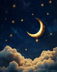 Naklejka premium Golden crescent moon with stars and fluffy clouds on dark night sky background