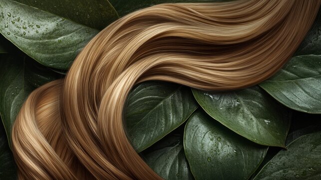 Long, flowing blonde hair amidst lush green leaves; hair care advertisement