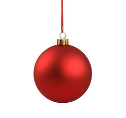 A simple matte red ornament hangs from a red ribbon on a clean white background. This image is a great visual for holiday themes, greeting cards, or a festive addition to seasonal website banners and 