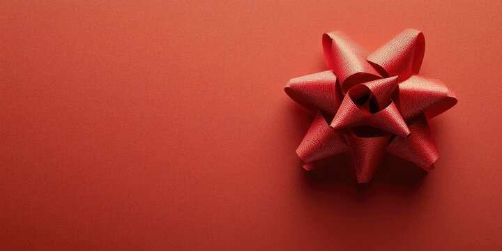 Red gift bow positioned in the top left on rich red paper background with ample copy space on the right for promotional text or design.