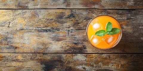 Iced orange beverage with mint leaves and ice cubes in a clear glass positioned center top on a...