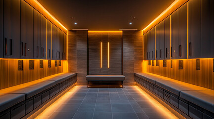 gym locker room, walls of lockers, bench or seating are in middle, beautiful lighting